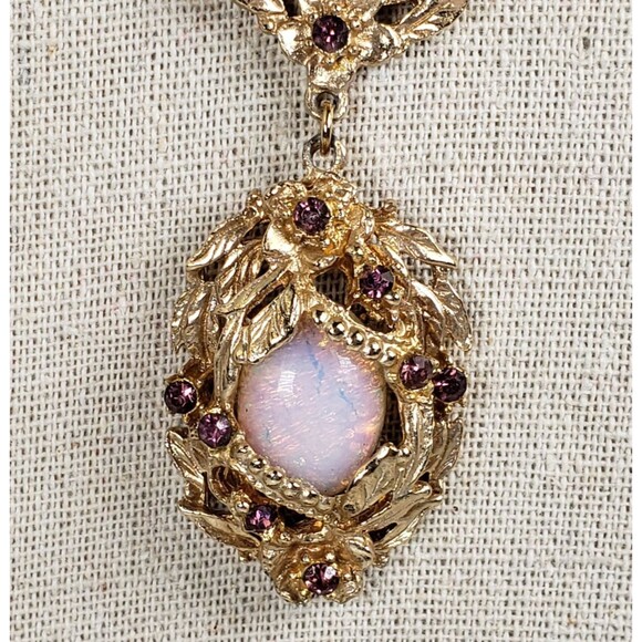 Vintage Victorian Fire Opal & Purple Rhinestone Goldtone 15" Chocker Necklace - Picture 3 of 16